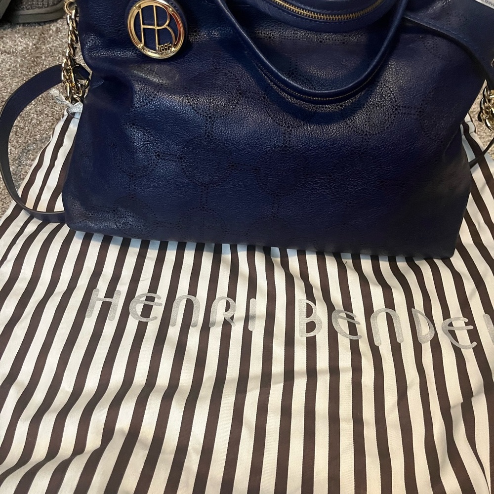 Henri Bendel Dark Blue Shoulder Bag with Gold Accents